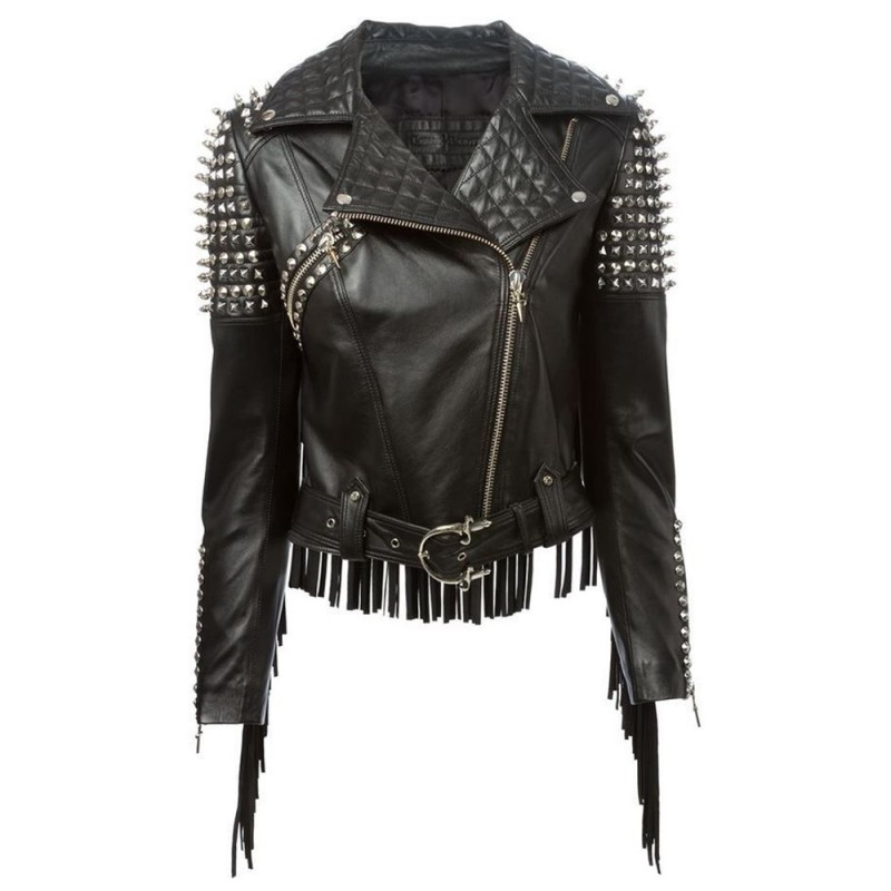 Ladies Fashion Jacket Genuine Leather Jacket,Ladies Biker Leather Jacket Silver Studded Short Body Jacket